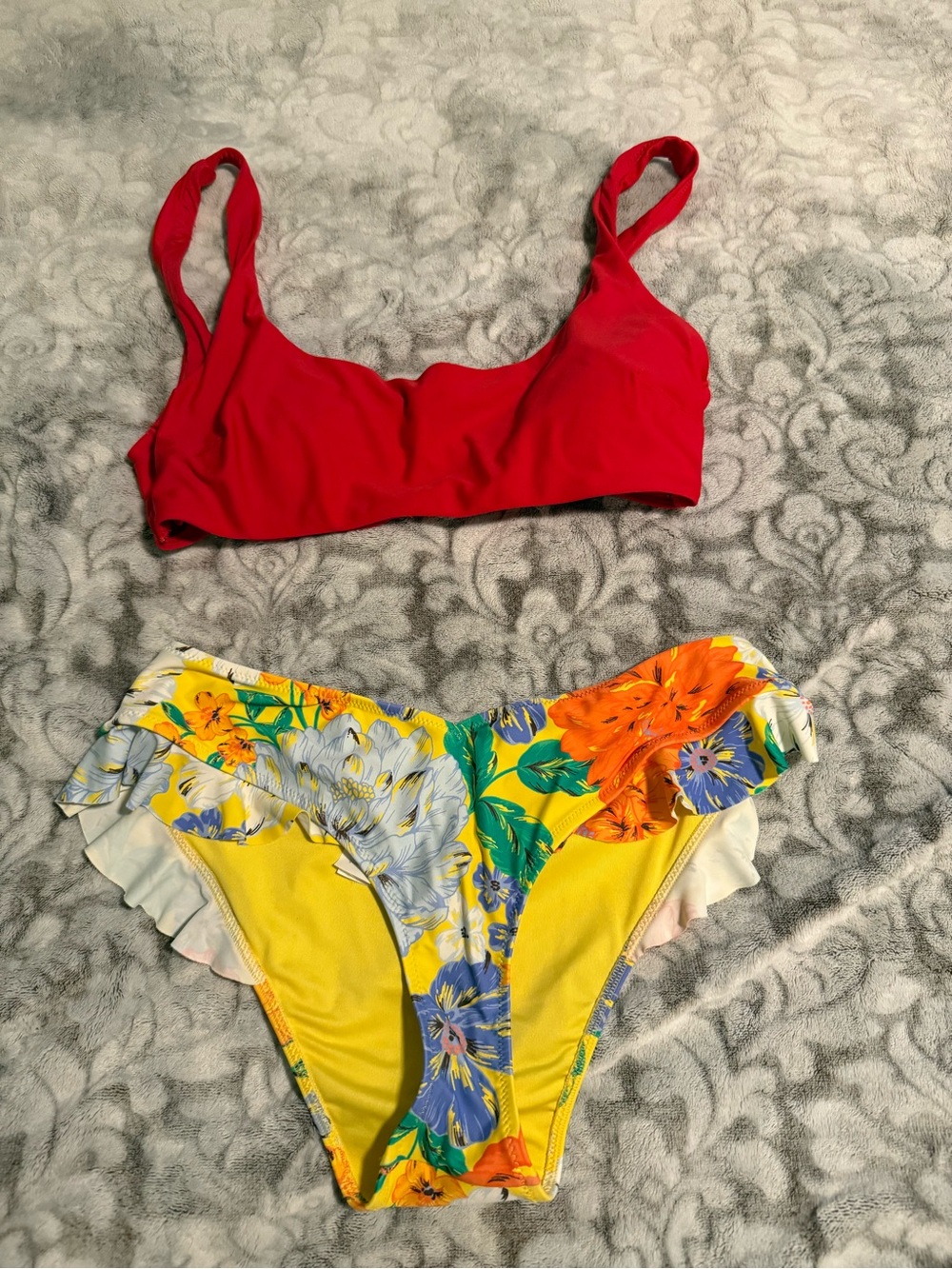 aerie Red Bikini Top with Yellow Floral Bikini Bottoms